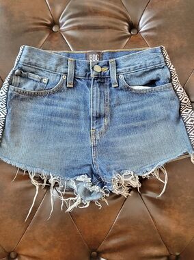 BDG Blue Denim Frayed Hem Shorts with Black & White Pattern Trim